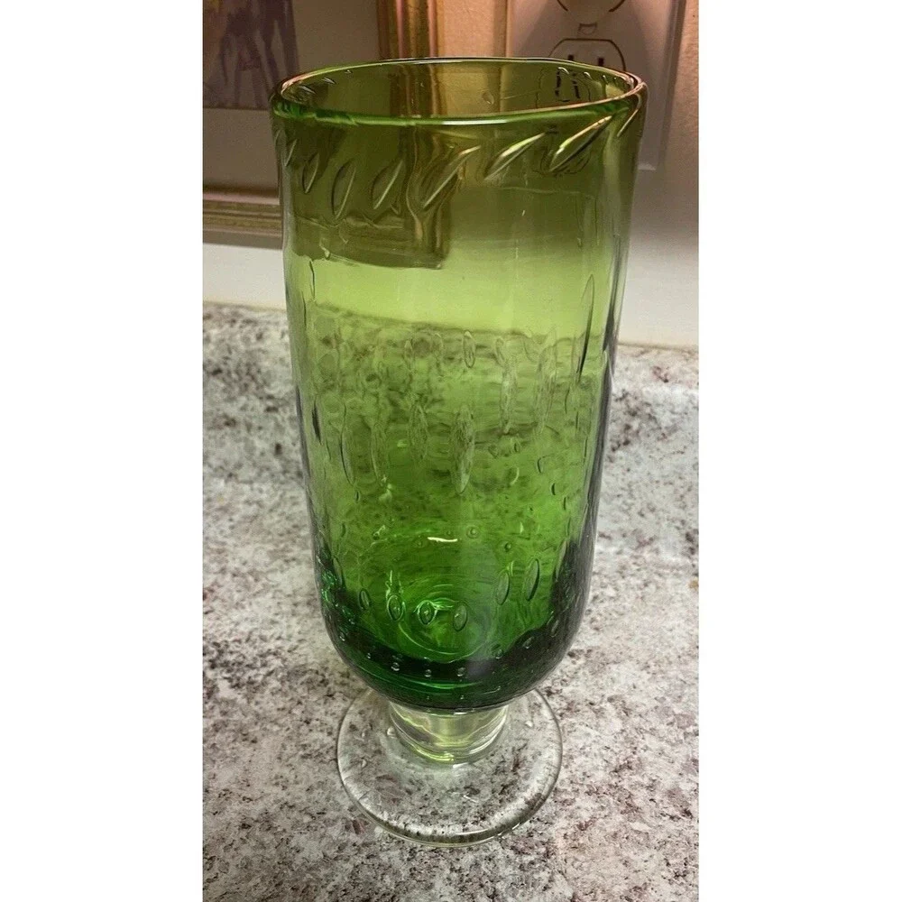 70’s Art Deco Hand Blown Controlled Bubble Apple Green & Clear Base Glass Vase